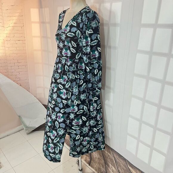 Loft Long Puff Sleeve Front Slit Floral V-Neck Midi Dress Size 8 - Picture 4 of 10